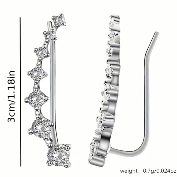 Silver Rhinestone Ear Climber Stud Earring Silver Sparkly Sexy - Picture 2 of 6